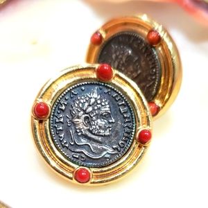 Vintage Roman Coin Earrings w/ Coral stones